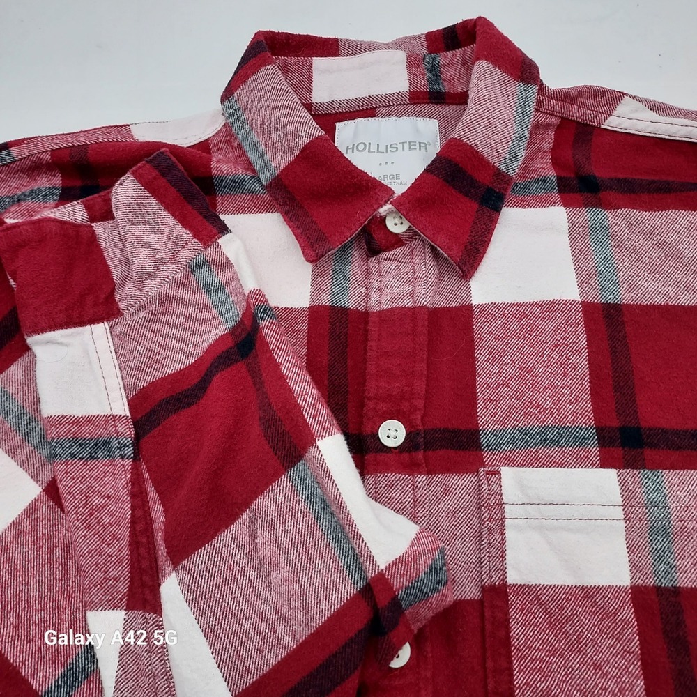Hollister Mens Large Flannel Shirt Red White Blue Plaid Button Down Long Sleeve
